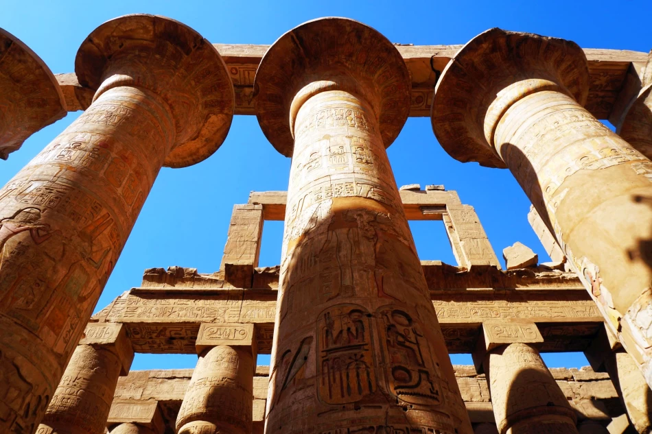 Massive ancient columns at Karnak Temple in Luxor.