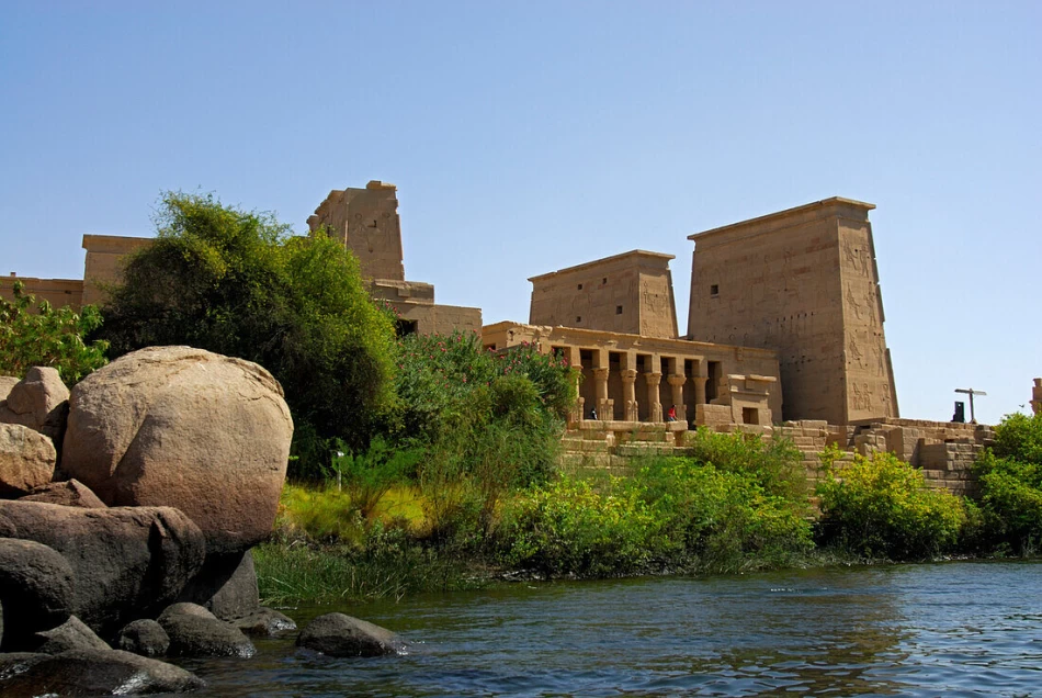 Philae Temple situated on an island in the middle of the Nile River.