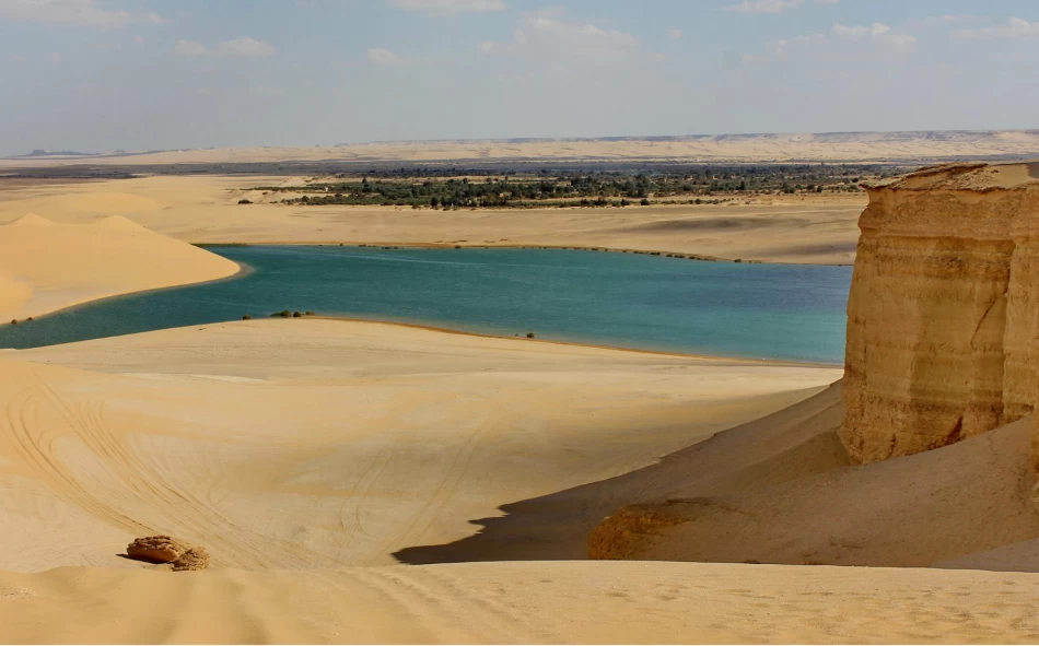 Peaceful lakeside view in Egypt's desert oasis